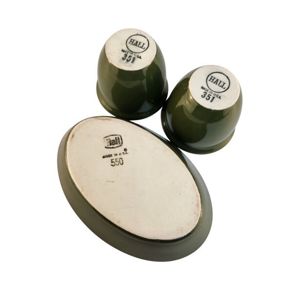 Vintage Hall Pottery Cups & Oval Dish Set Olive Green White USA Made - Picture 12 of 13